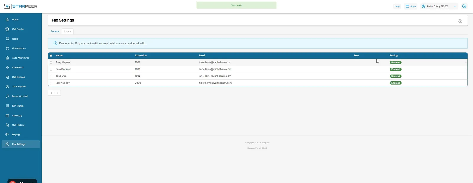 Admin view of the portal with Fax Settings at the bottom of the left menu