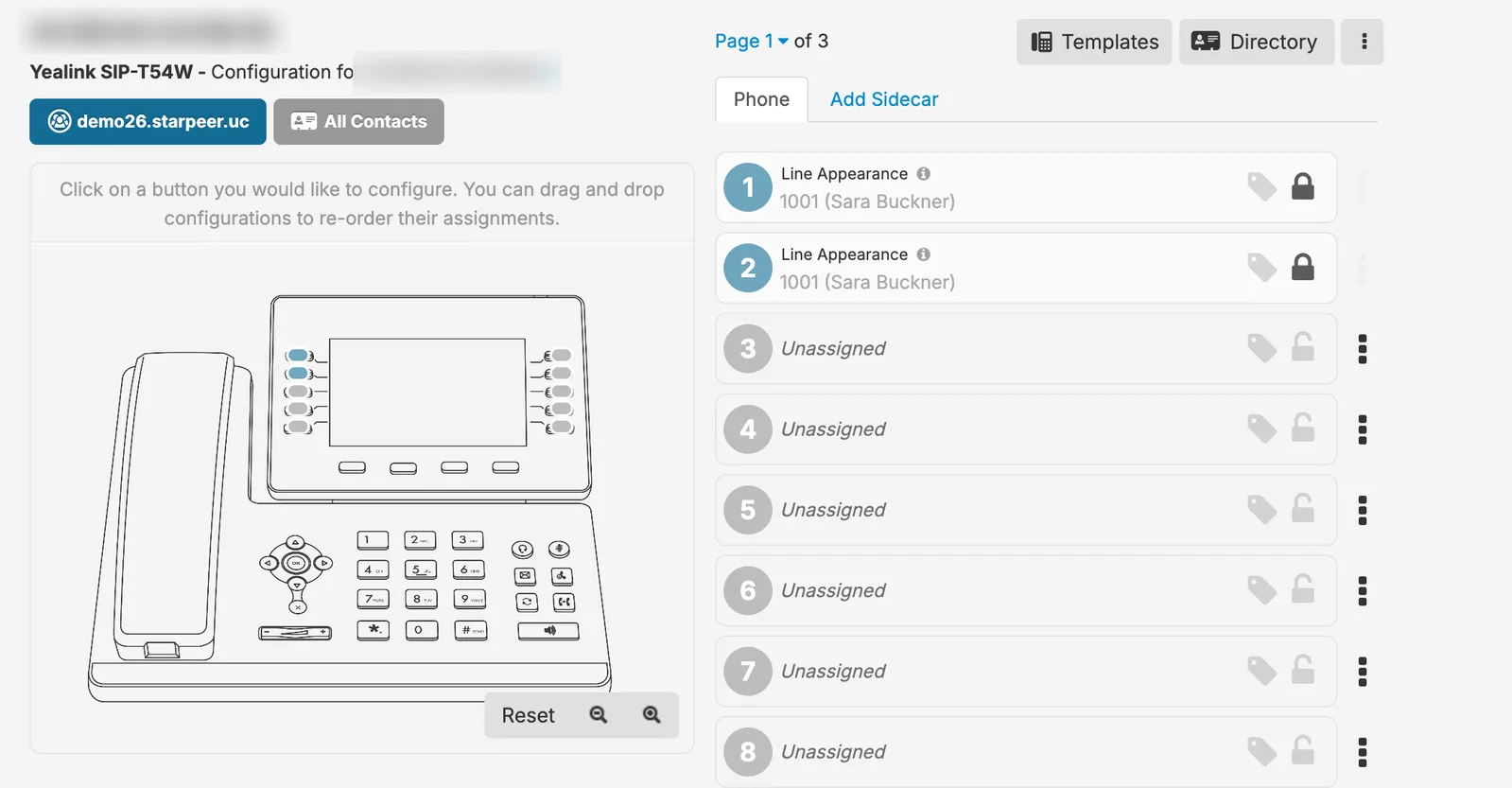 The Starpeer button editor showing a phone's buttons, with free buttons marked Unassigned