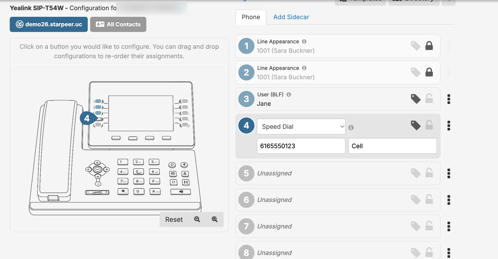 A button set up as a speed dial
