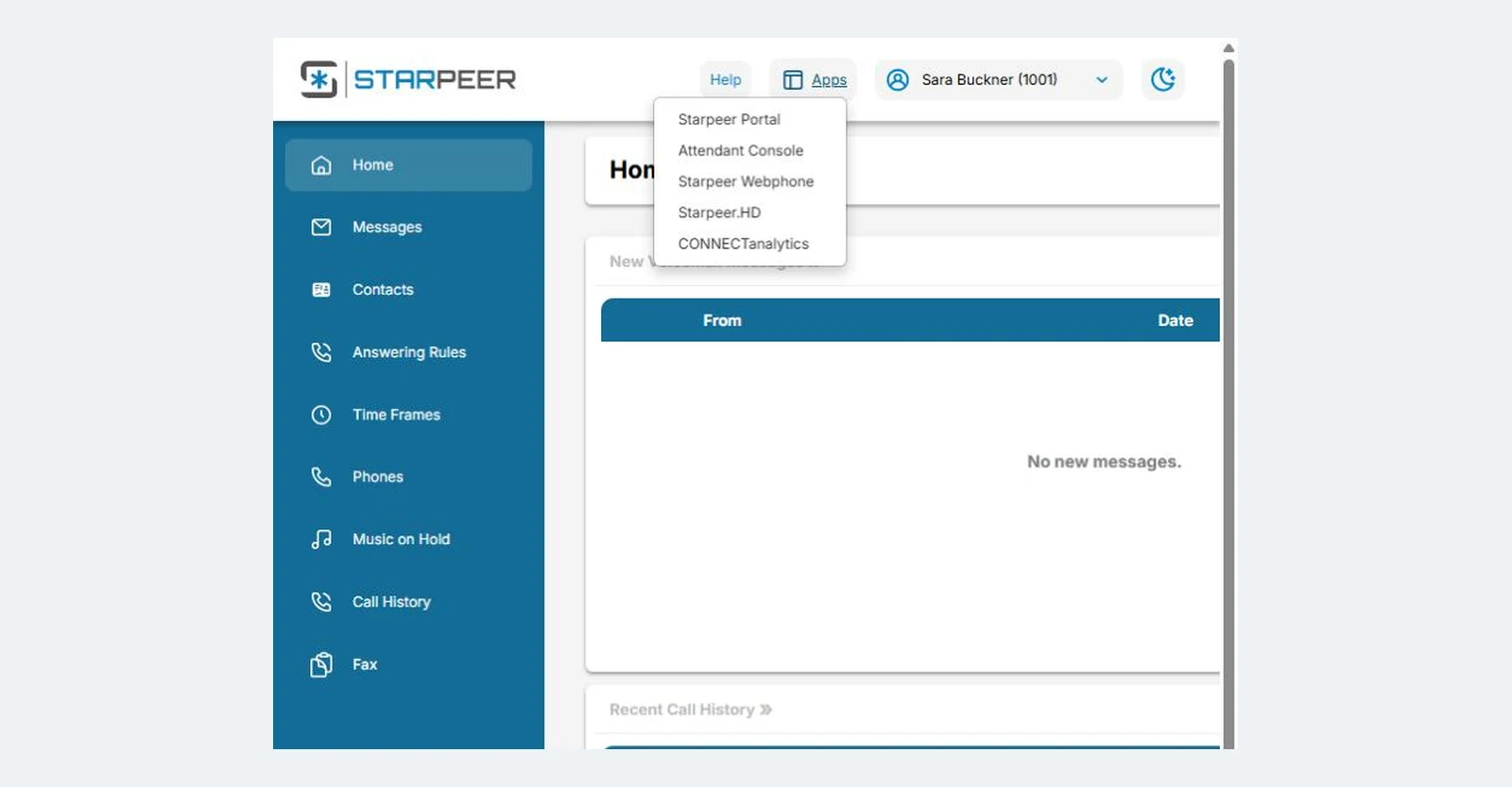 Starpeer portal with the Apps menu open