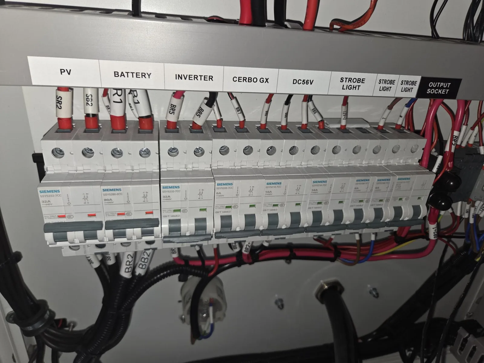 The breaker rail, left to right: PV, Battery, Inverter, Cerbo GX, DC56V, three Strobe Light, Output Socket
