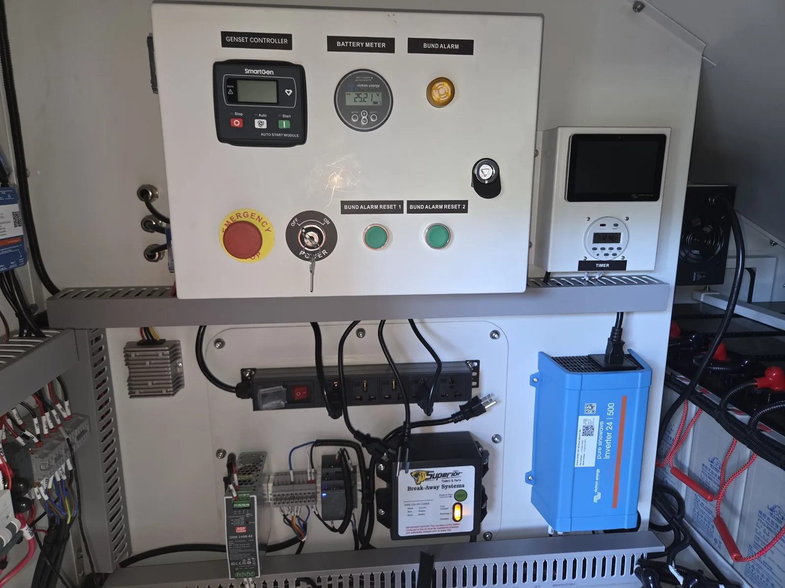 Inside the cabinet: genset controller, battery meter, bund alarm, emergency stop, power key switch, timer, the touch display, and the inverter