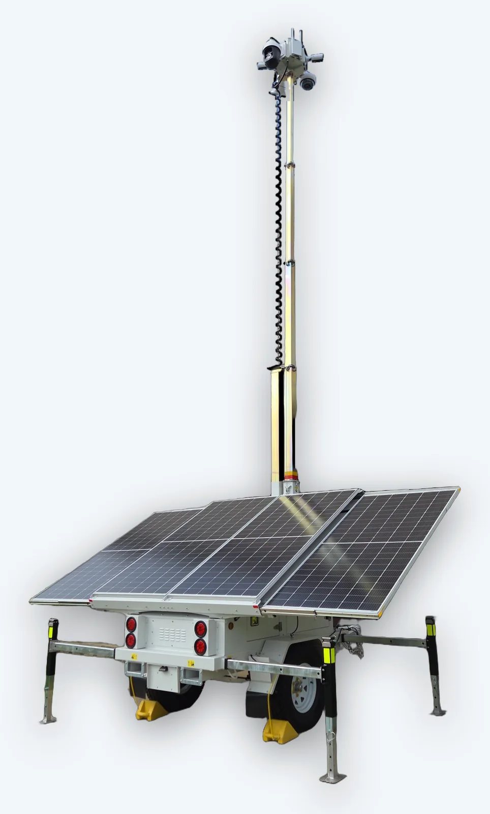 The VB4-MST deployed: outriggers down, solar panels out, mast raised with the camera head at the top